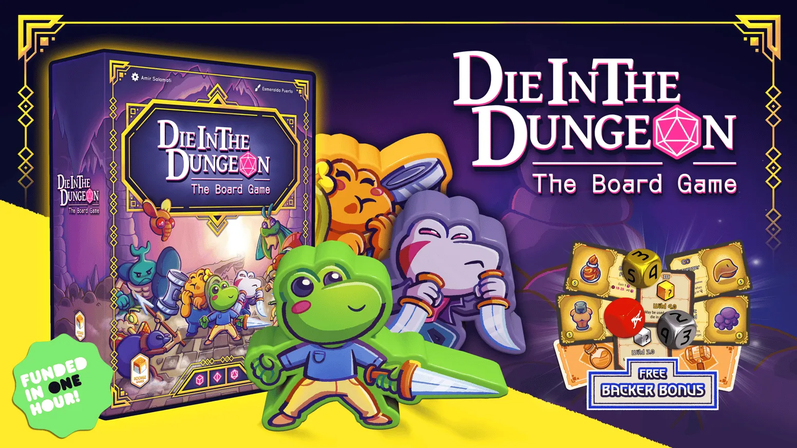 Official Die in the Dungeon: The Board Game campaign art showing the box, frog heroes, dice, and cards against a purple background.