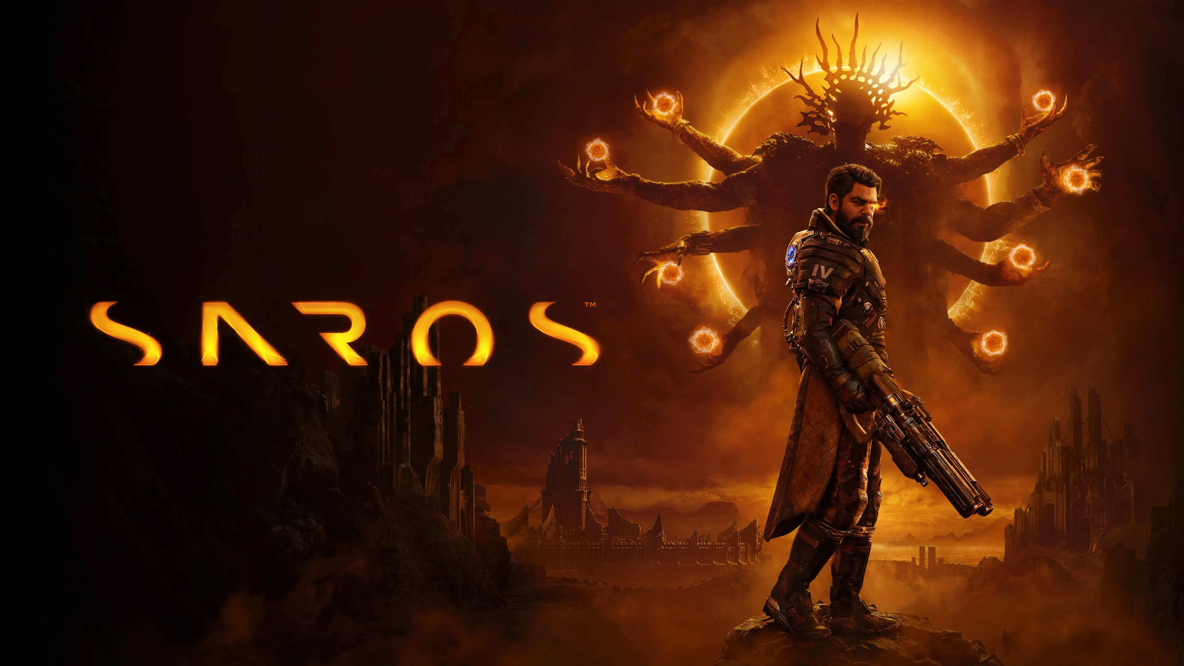 Official Saros hero art from PlayStation showing Arjun on the hostile world of Carcosa.