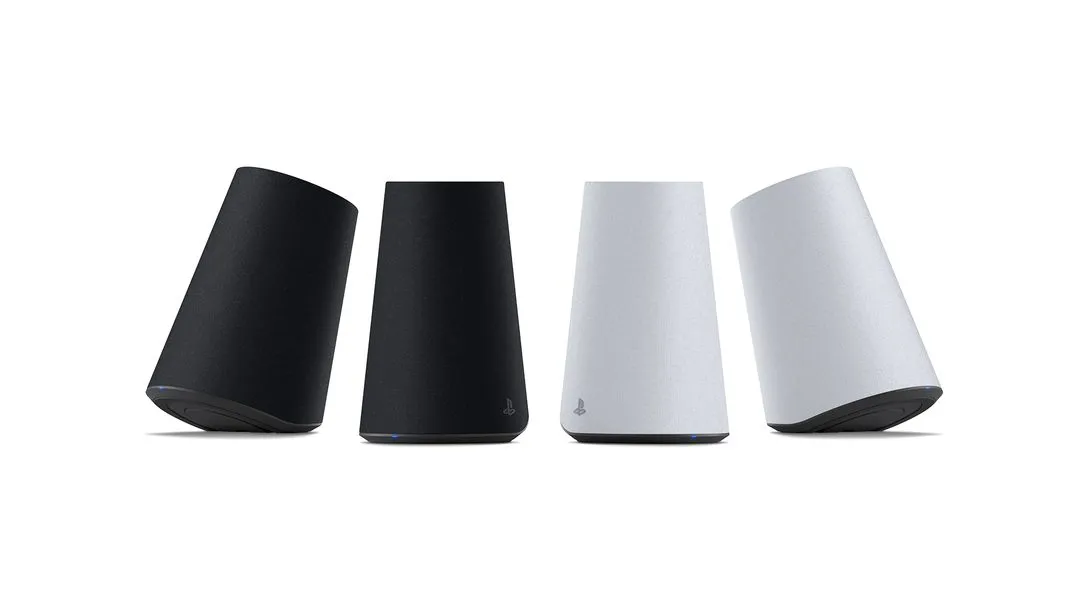 Official PlayStation image showing Pulse Elevate speakers in white and black against a bright background.
