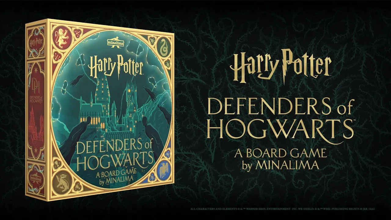 Official Defenders of Hogwarts campaign art from MinaLima, showing the board game box beside the project title.