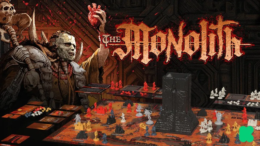 Official Plaid Hat Games relaunch art for The Monolith, showing the board game title and alien monolith campaign imagery.
