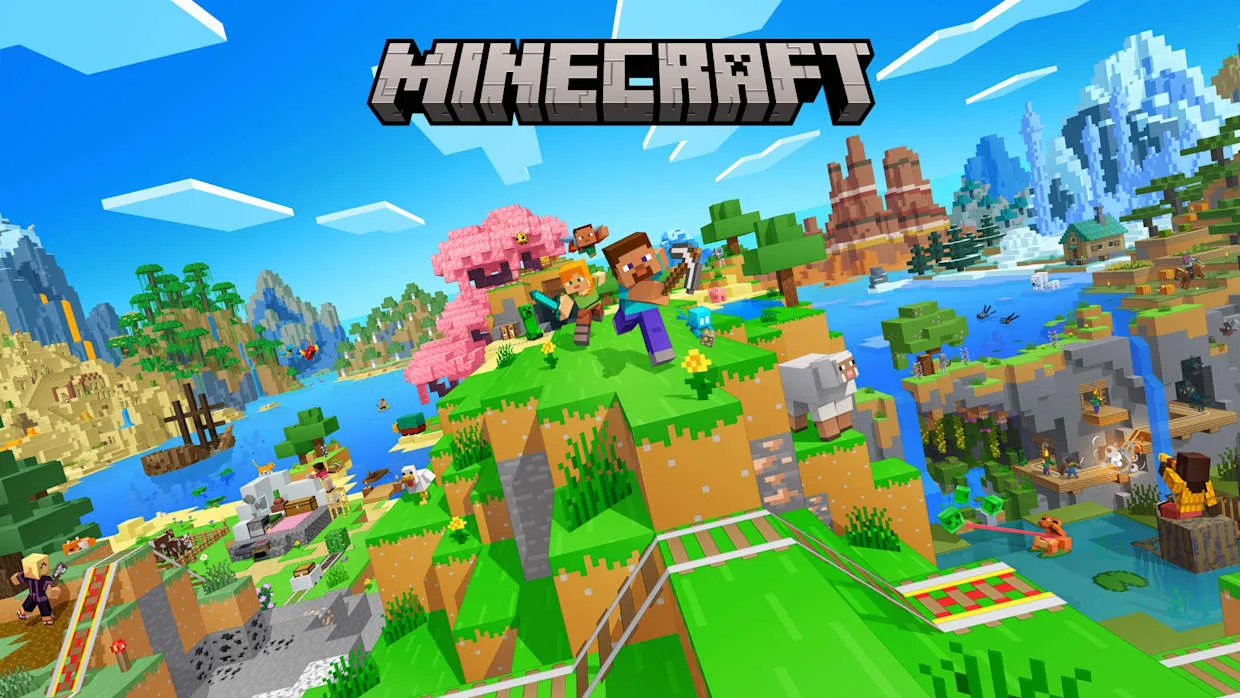 Minecraft characters cross green block hills above water, rails and varied landscapes beneath the Minecraft logo.