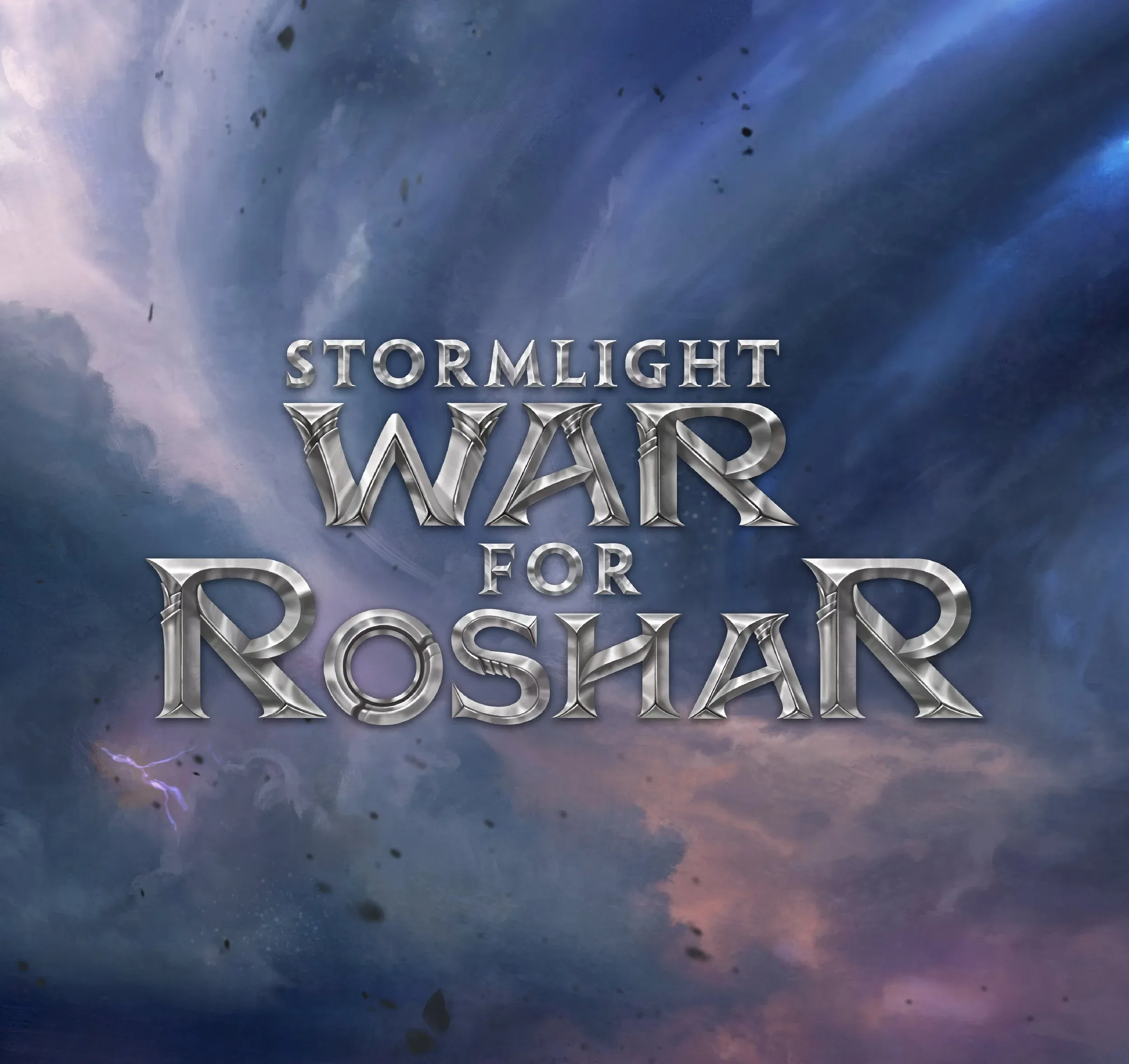 Official Stormlight: War for Roshar title art showing the game logo against a stormy blue and gold background.