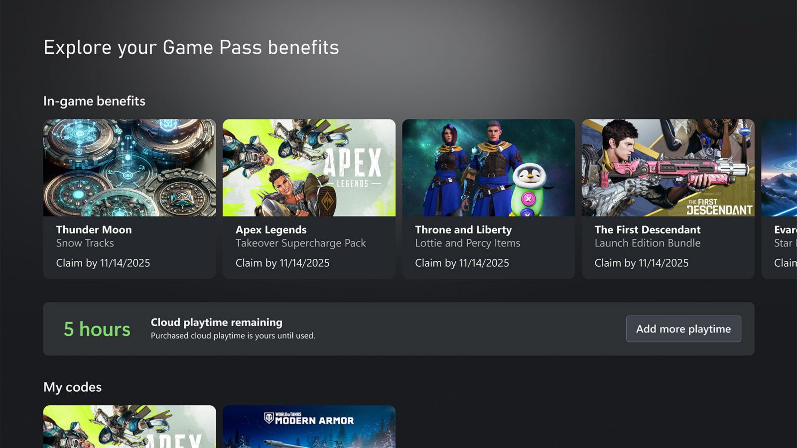 Official Xbox graphic showing monthly cloud playtime buckets for Game Pass plans.