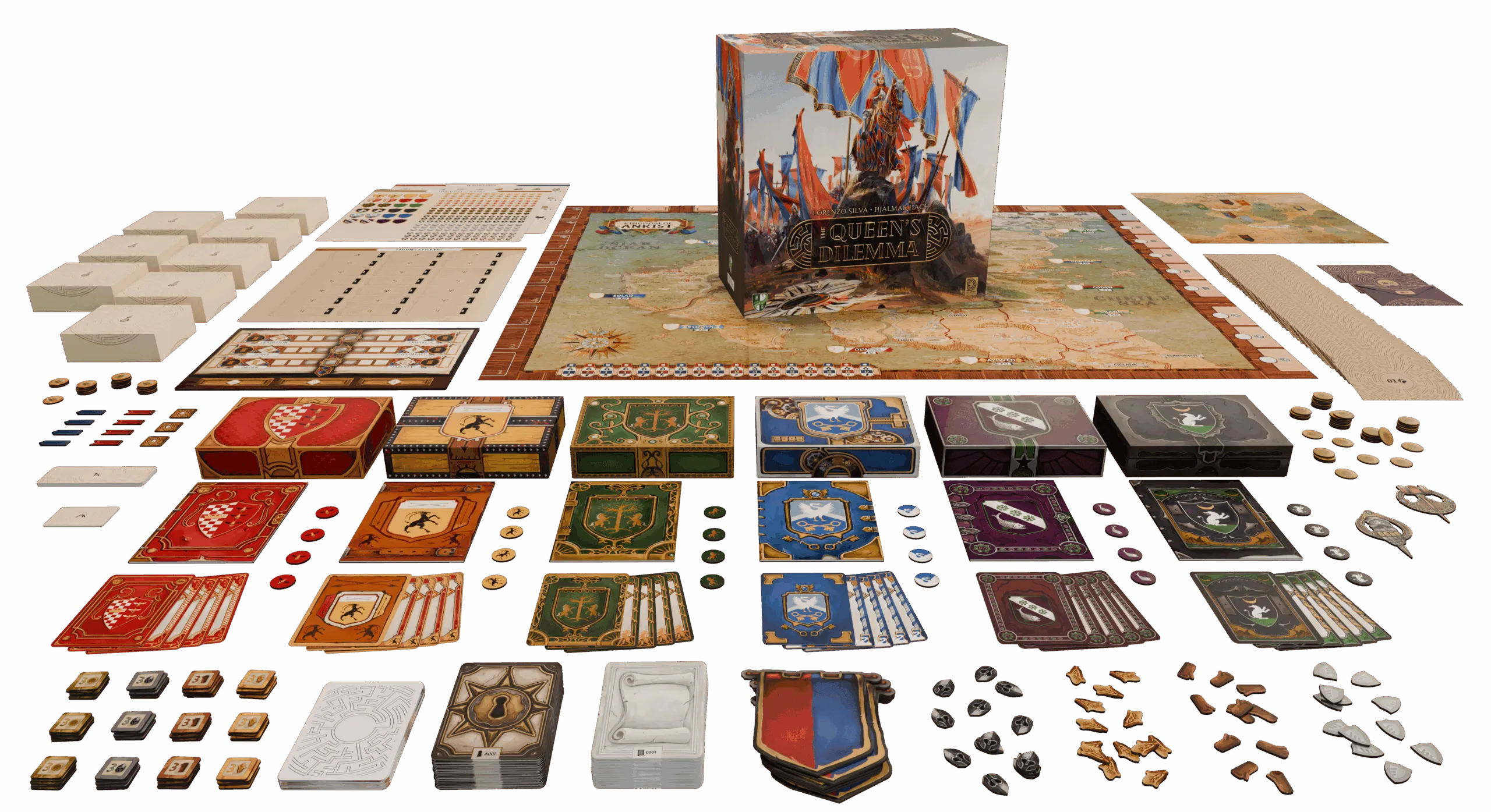 Official The Queen's Dilemma overview art from Horrible Guild showing the fantasy council board and components used as the hero image for GameGuideDog coverage.