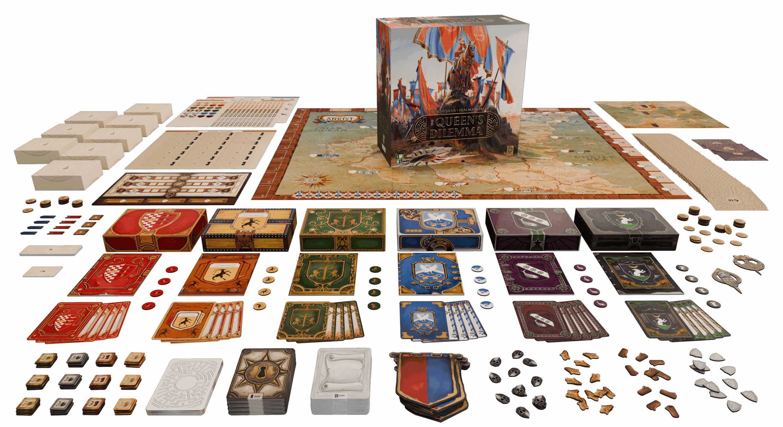 Official The Queen's Dilemma overview art from Horrible Guild showing the fantasy council board and components used as the hero image for GameGuideDog coverage.