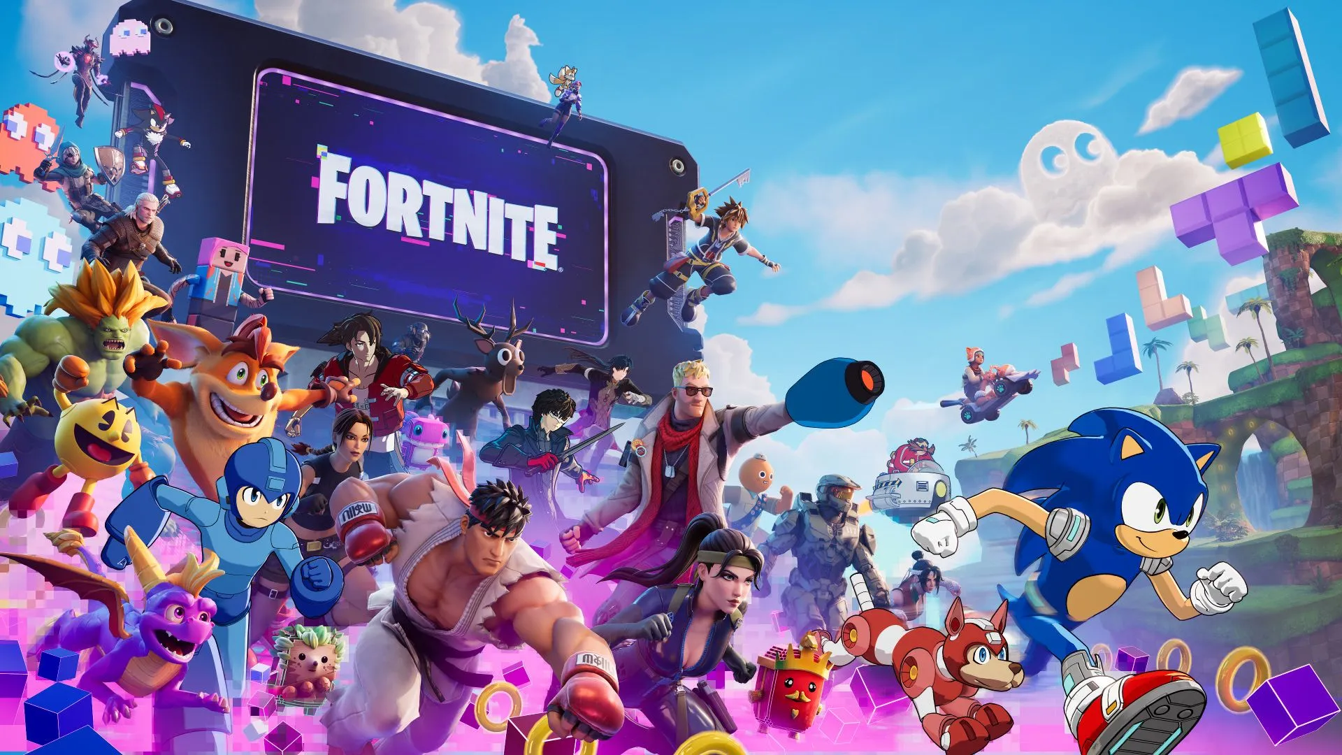 Official Fortnite Override season artwork from Epic showing the Chapter 7 Season 4 crossover theme.
