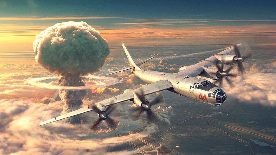 Official War Thunder Nuclear Thunder event artwork showing strategic bombers in flight.