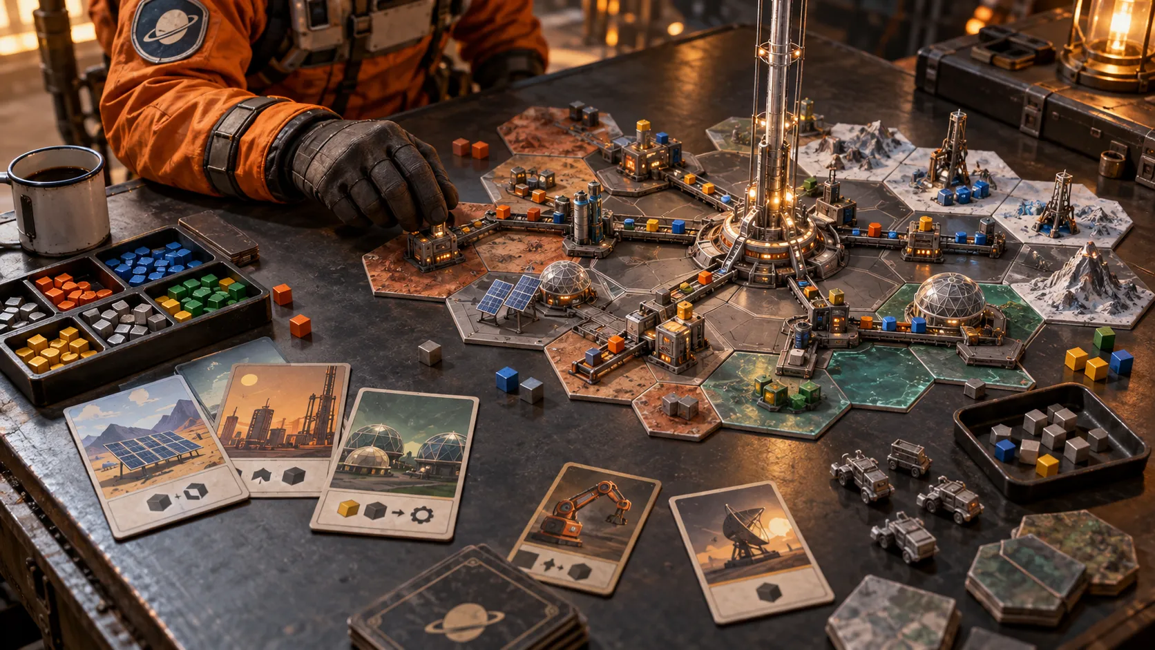 GameGuideDog editorial illustration of a sci-fi factory-building tabletop game with hex tiles, production lines, resource cubes, and a miniature space elevator.