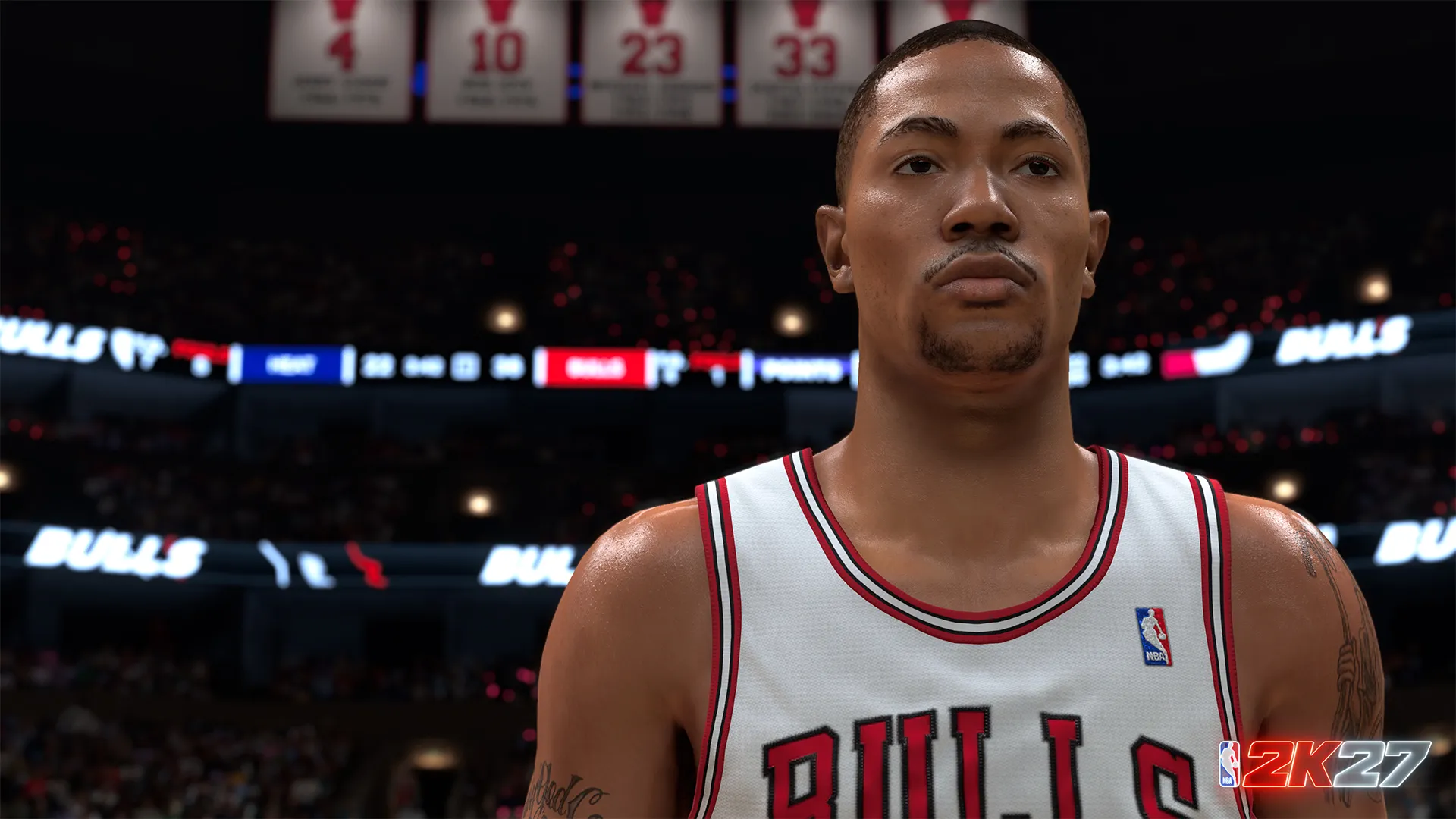 Official NBA 2K27 first-look art showing Derrick Rose dribbling in a Chicago Bulls uniform.