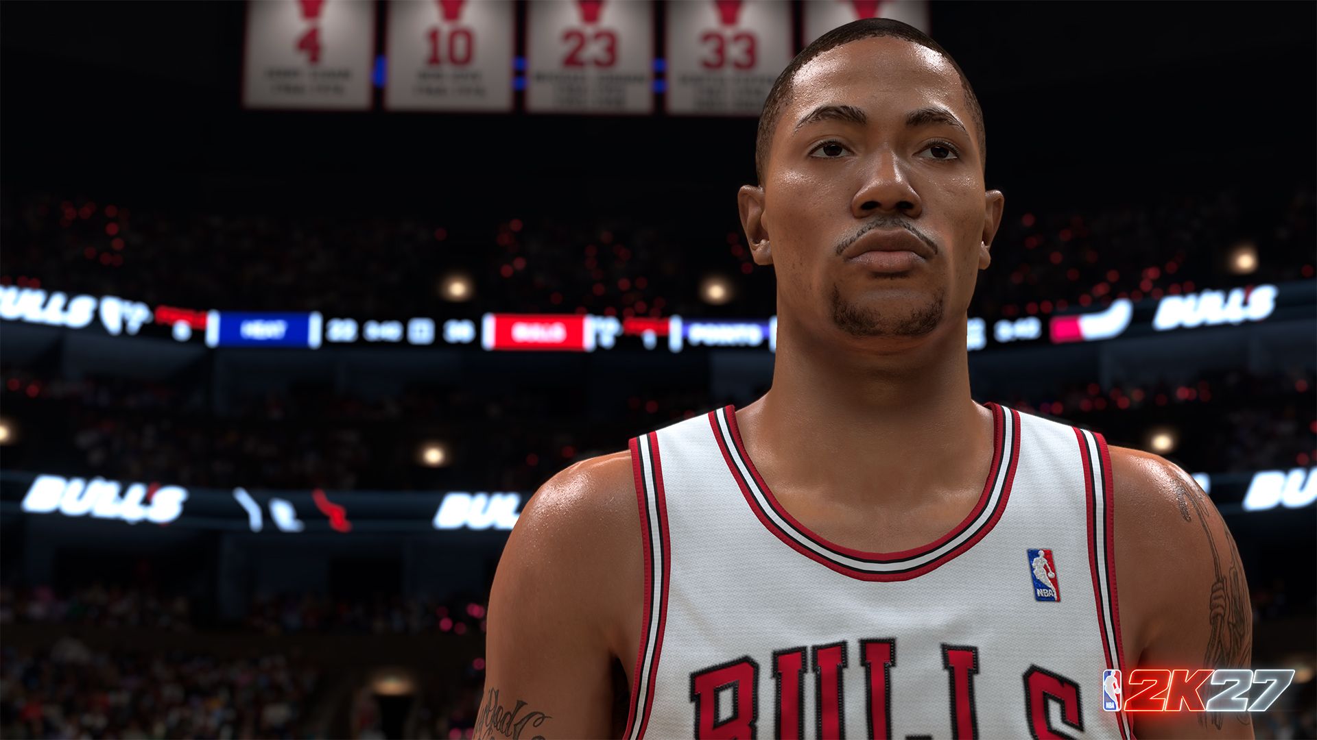 Official NBA 2K27 first-look art showing Derrick Rose dribbling in a Chicago Bulls uniform.