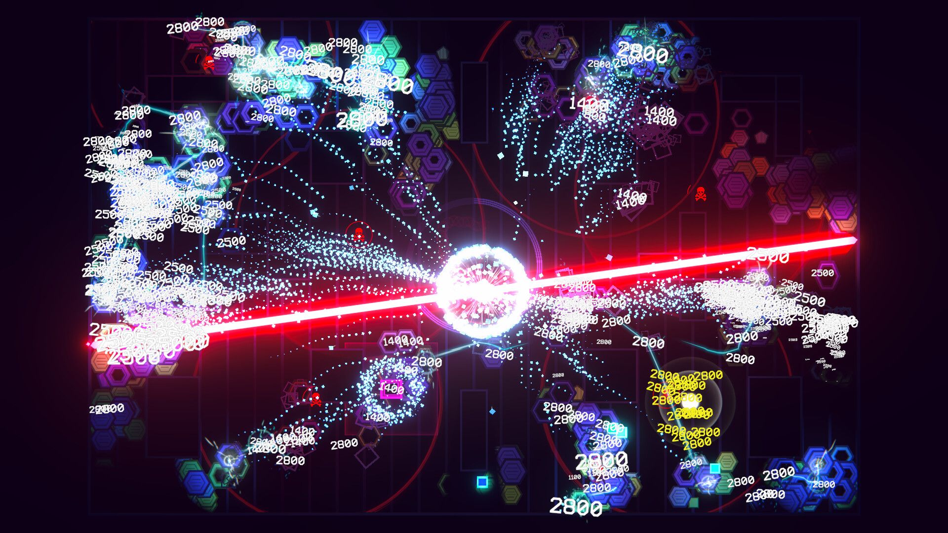 Official FEED THE AI gameplay screenshot showing a dark arena filled with bright particles, damage numbers, and a giant red beam cutting across the screen.