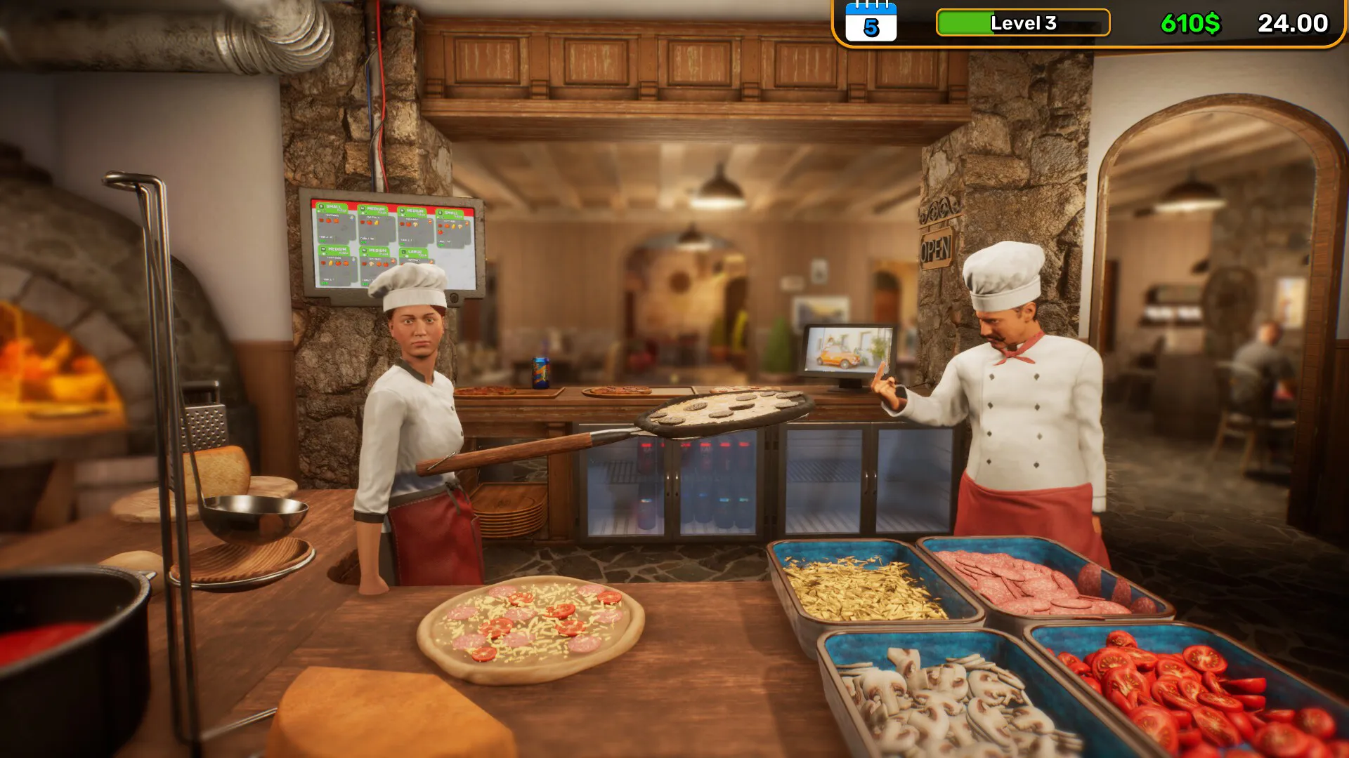 Oficjalny kadr z Pizza House Simulator pokazujący ruchliwą kuchnię pizzerii i strefę obsługi.