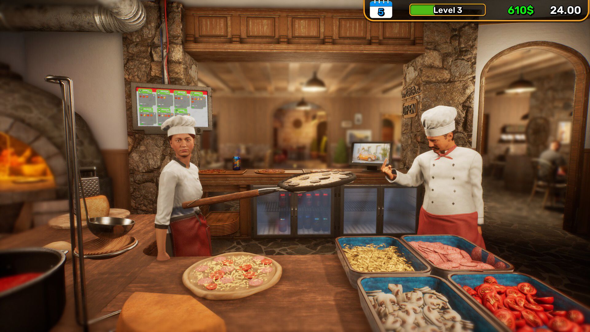 Oficjalny kadr z Pizza House Simulator pokazujący ruchliwą kuchnię pizzerii i strefę obsługi.