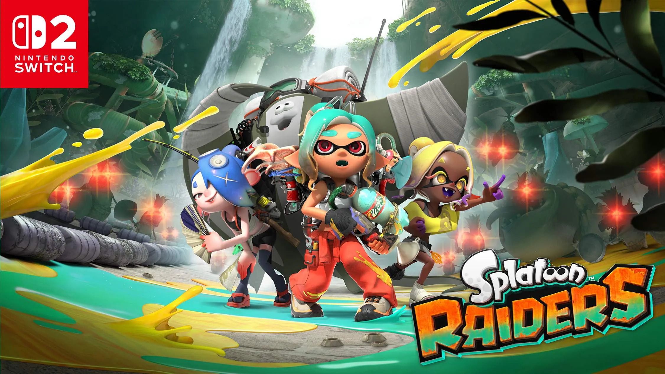 Official Nintendo Splatoon Raiders launch image showing the Mechanic and Deep Cut against the Spirhalite Islands backdrop.