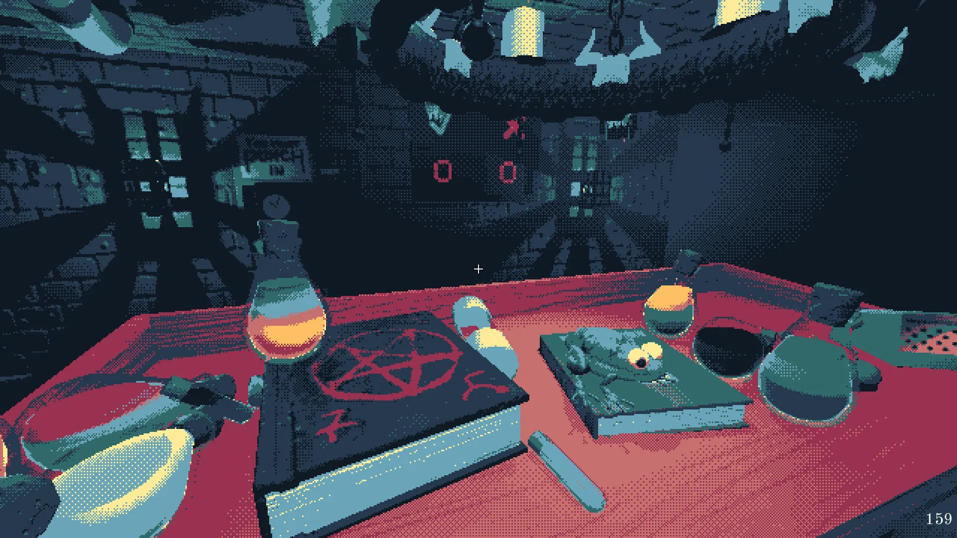 Occult book, specimens and tools on a red workbench in The Mailroom.