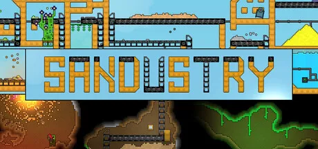 Official Sandustry Steam header art showing the game's pixel-heavy factory automation world and mining setup.