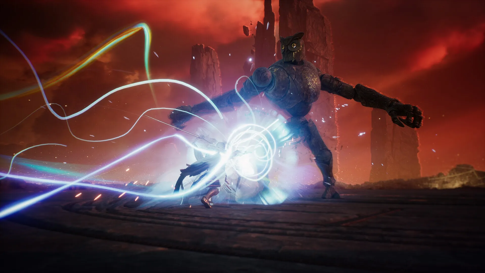 A large owl-faced construct faces a small character and a bright attack effect beneath a red sky.