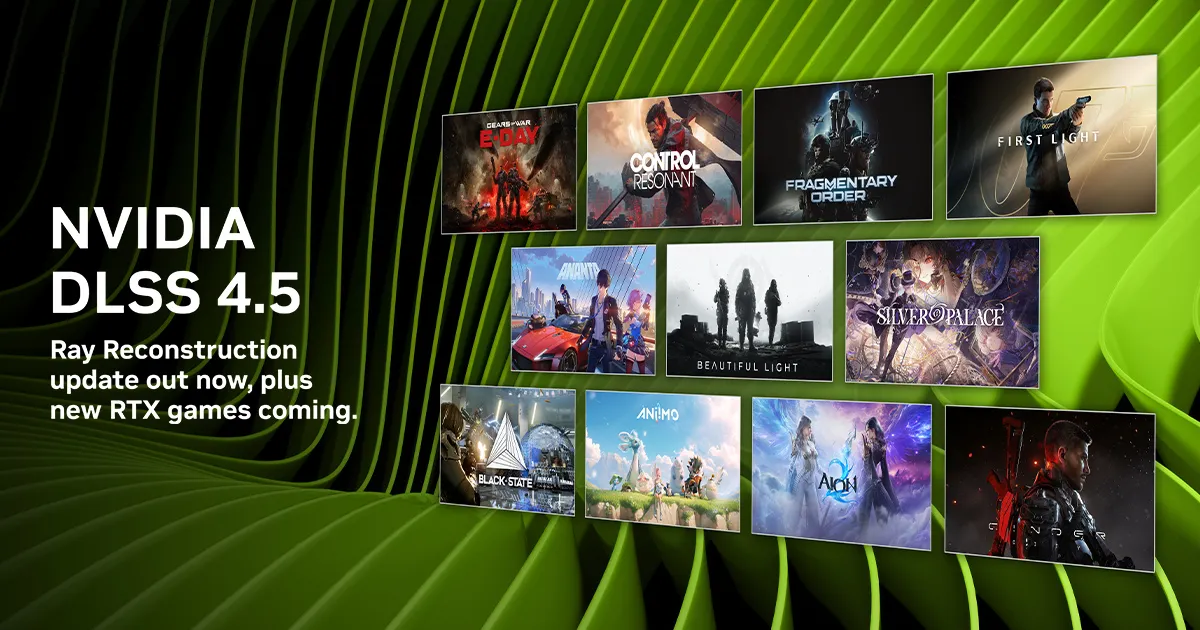Official NVIDIA Gamescom 2026 artwork for DLSS 4.5 Ray Reconstruction and related RTX game announcements.
