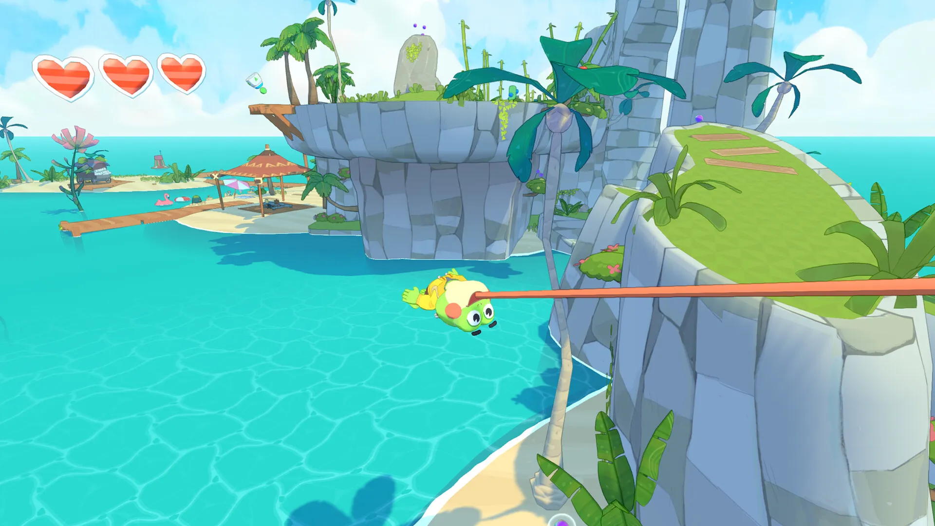 Official Big Hops screenshot showing the frog protagonist swinging by its tongue across bright turquoise water near tropical cliffs.