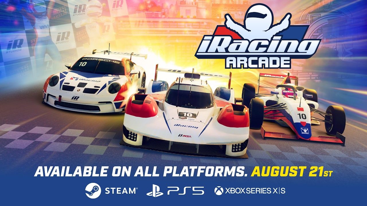 Official iRacing Arcade launch art showing multiple race cars and PS5, Xbox, and Steam platform branding.