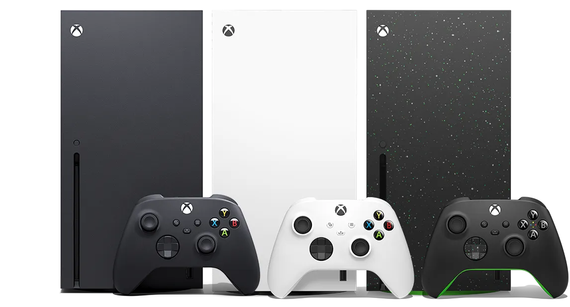 Official Xbox hardware image showing three Xbox Series X variants with matching controllers on a black background.