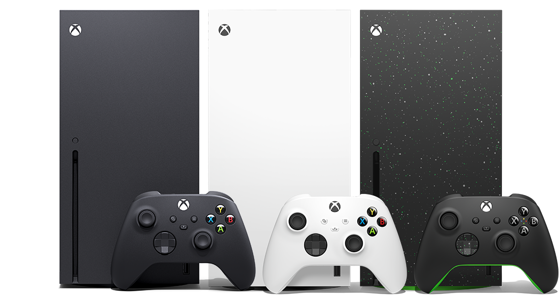 Official Xbox hardware image showing three Xbox Series X variants with matching controllers on a black background.