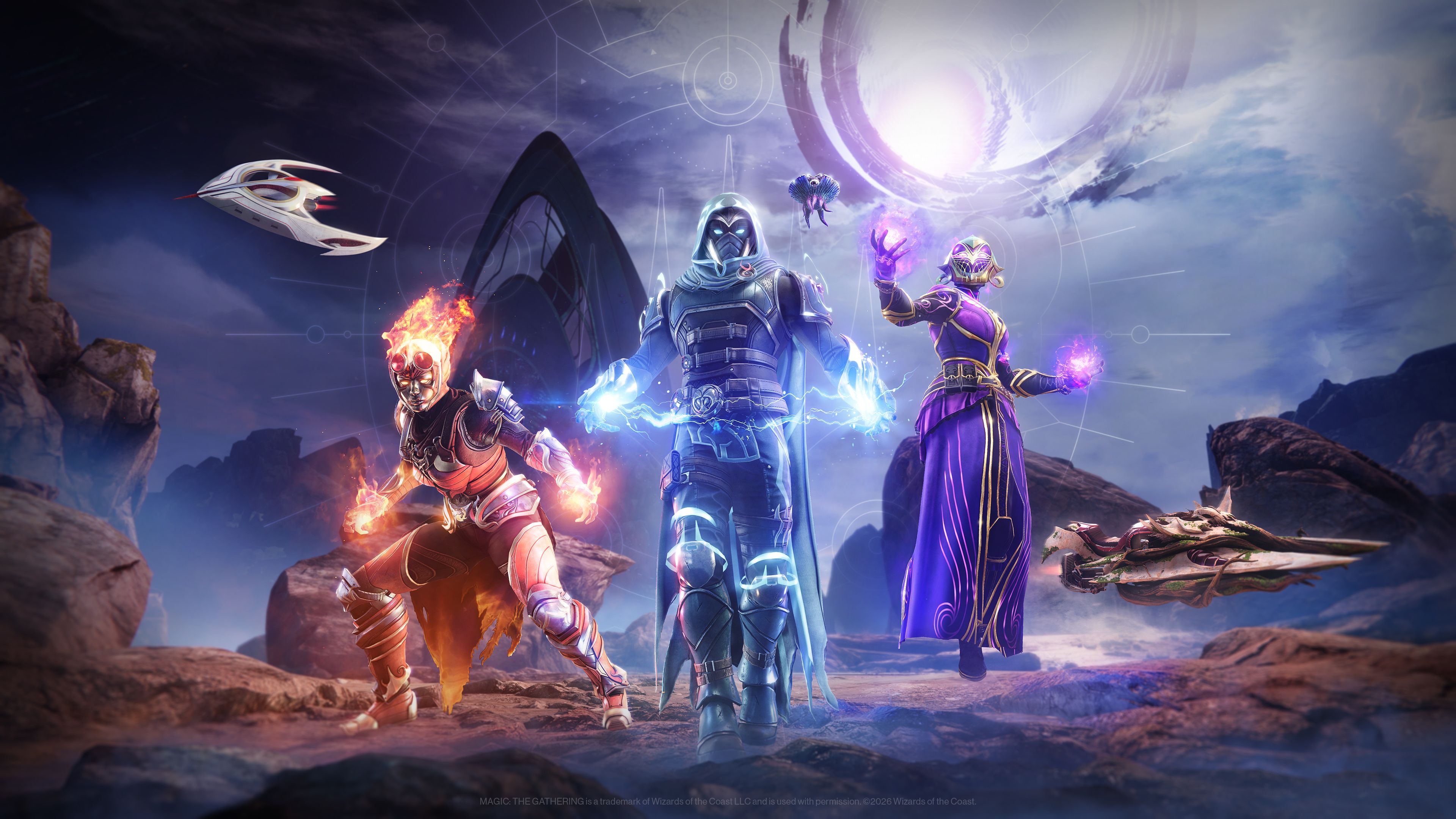 Official Destiny 2 x Magic: The Gathering crossover artwork showing the three class-themed armor sets.