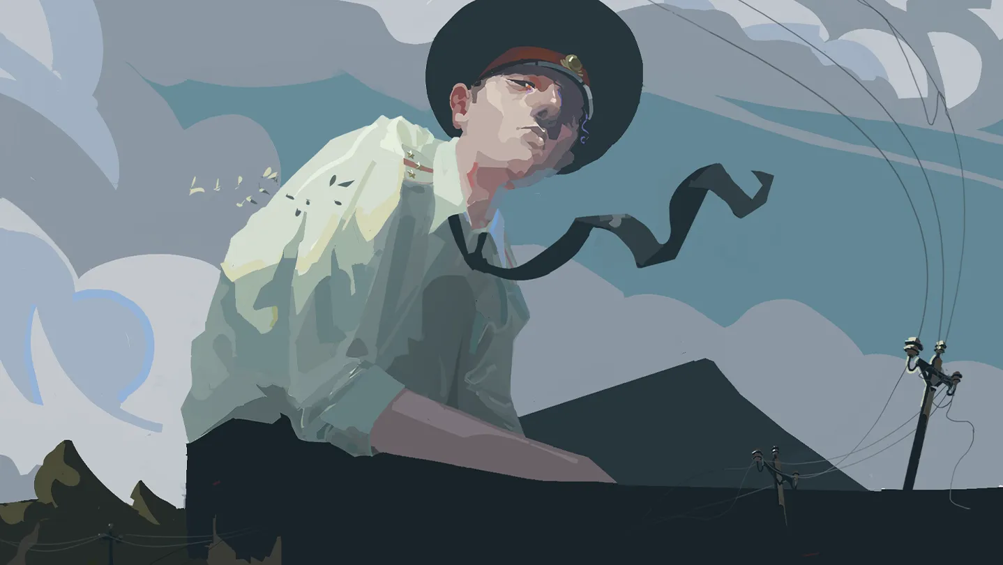 Official Militsioner image showing the town under the gaze of its giant policeman.