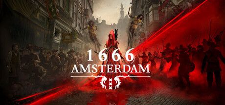 Official 1666: Amsterdam Steam header art showing the title over a red-lit street scene in seventeenth-century Amsterdam.