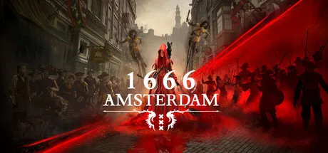 Oficjalny Steam header 1666: Amsterdam pokazujacy tytul nad czerwono podswietlona ulica siedemnastowiecznego Amsterdamu.