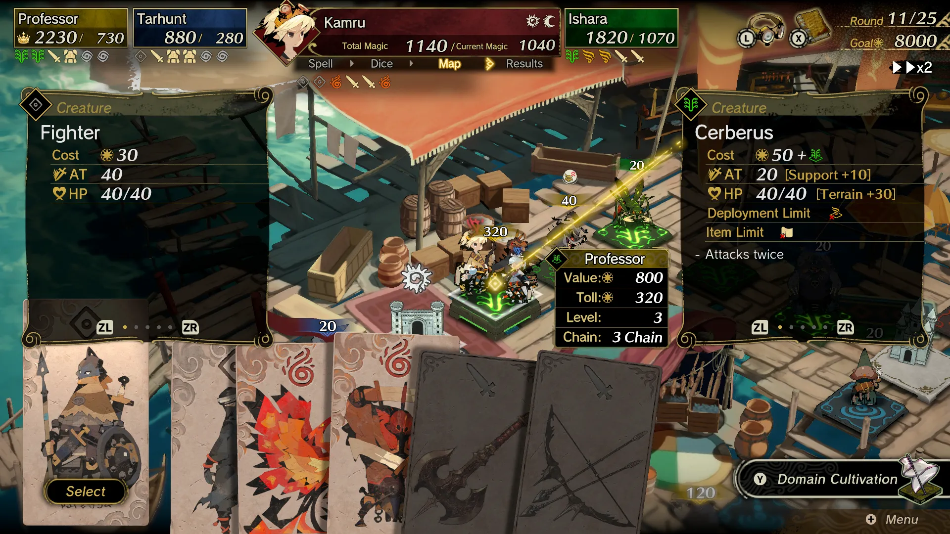 A territory board with creature cards, Fighter and Cerberus details, and Nintendo button prompts.