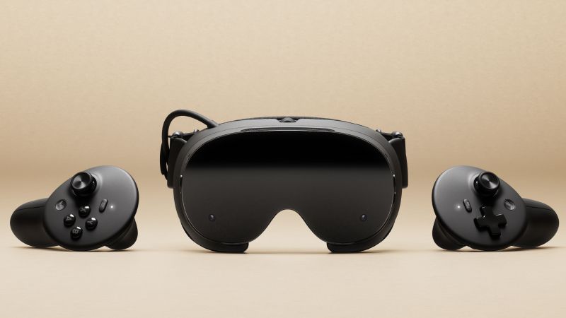 Official Steam Frame image from Valve showing the headset and controllers on a bright blue background.