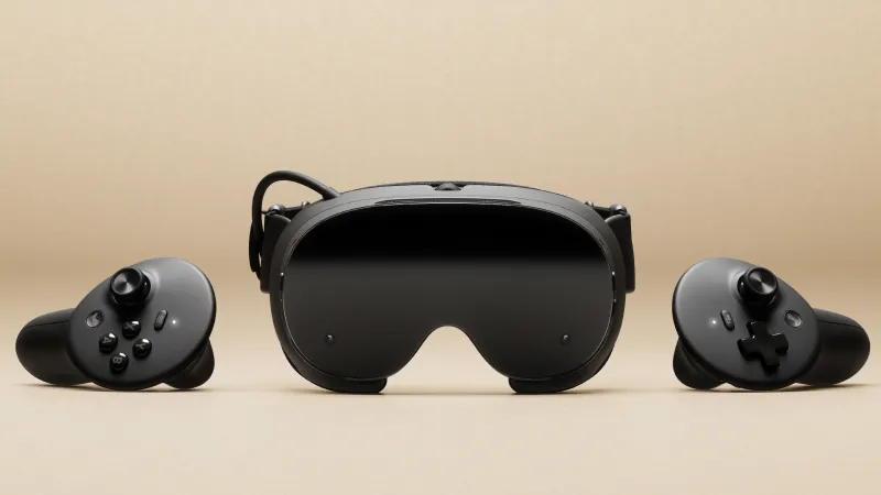 Official Steam Frame image from Valve showing the headset and controllers on a bright blue background.