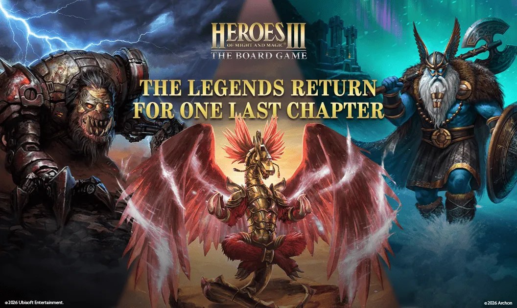 Official Heroes III board-game expansion artwork showing a mechanical creature, red dragon and dwarf warrior.