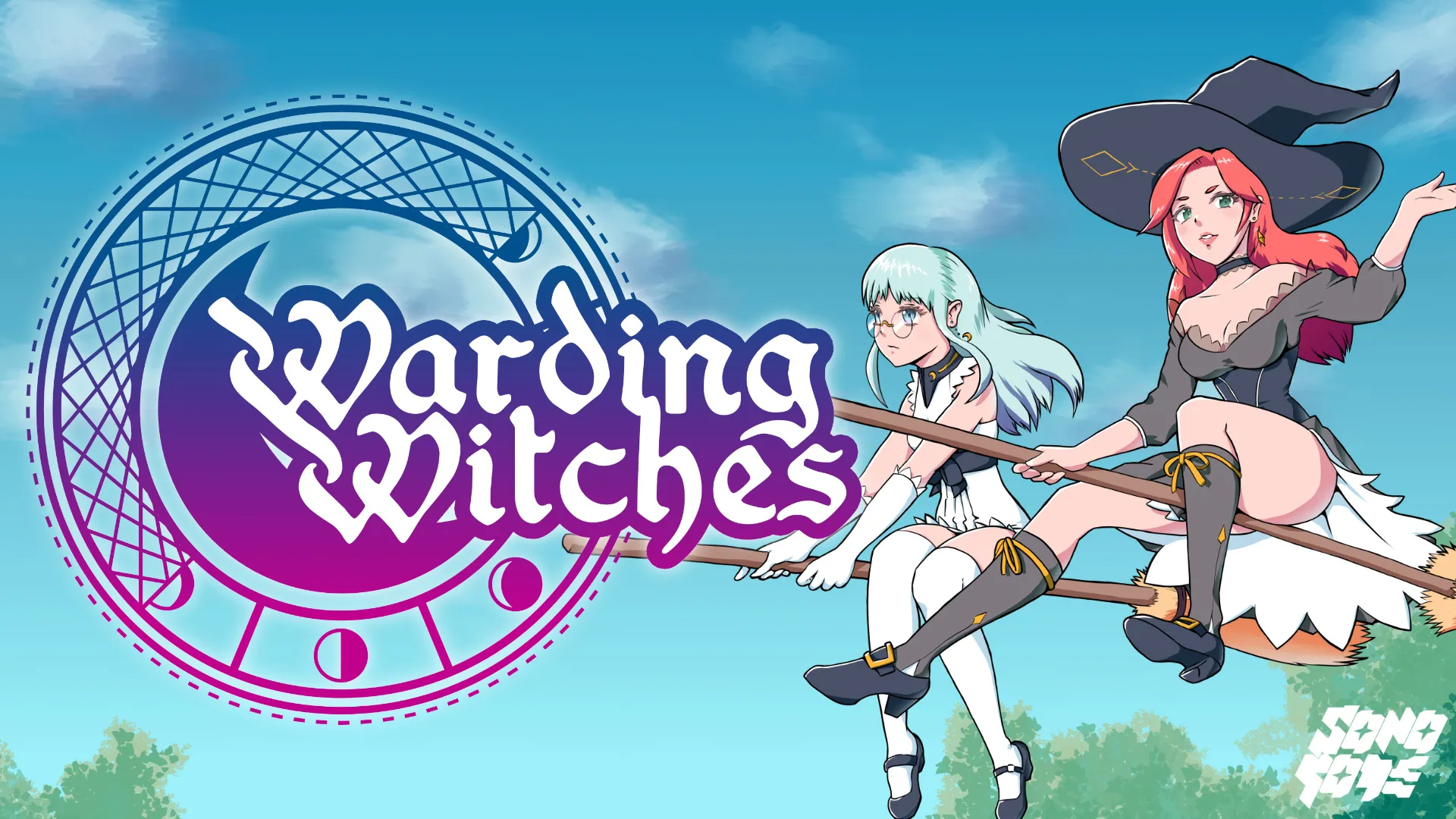 Two witches fly on broomsticks beside the Warding Witches logo against a blue sky.