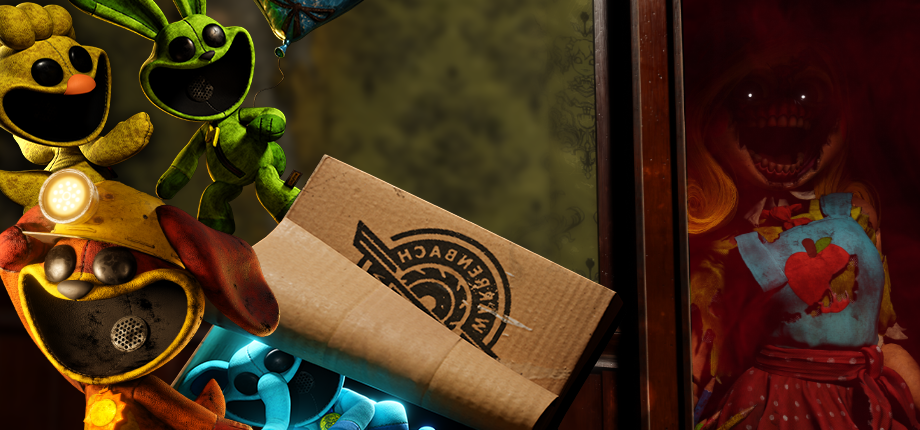 Smiling Critters carry a cardboard box while Miss Delight watches from a dark doorway.