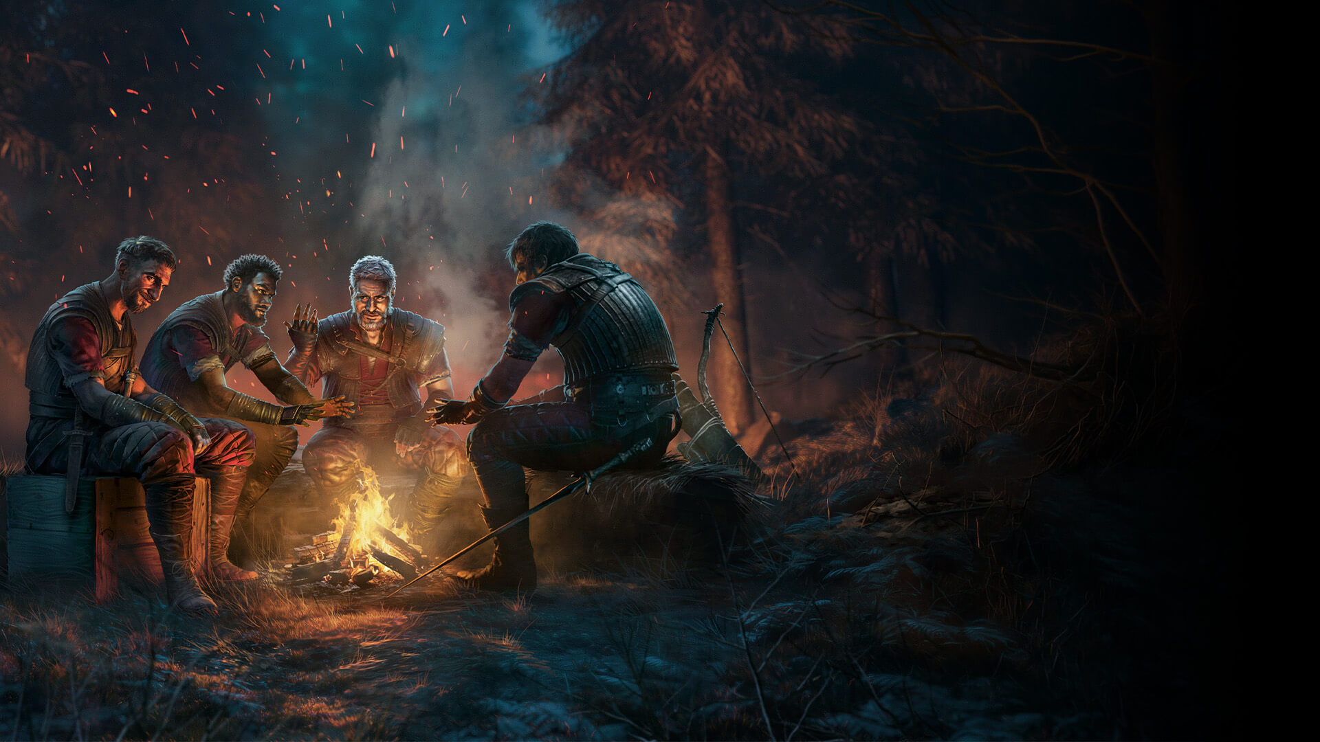 Four Gothic adventurers gathered around a campfire in a dark woodland, in official board-game artwork.