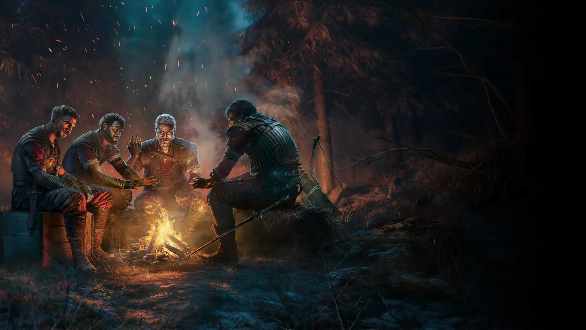 Four Gothic adventurers gathered around a campfire in official board-game artwork.