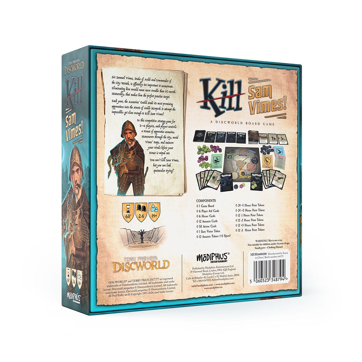 Official Modiphius product art for Kill Sam Vimes, showing the box and Discworld assassin-themed card-game components.