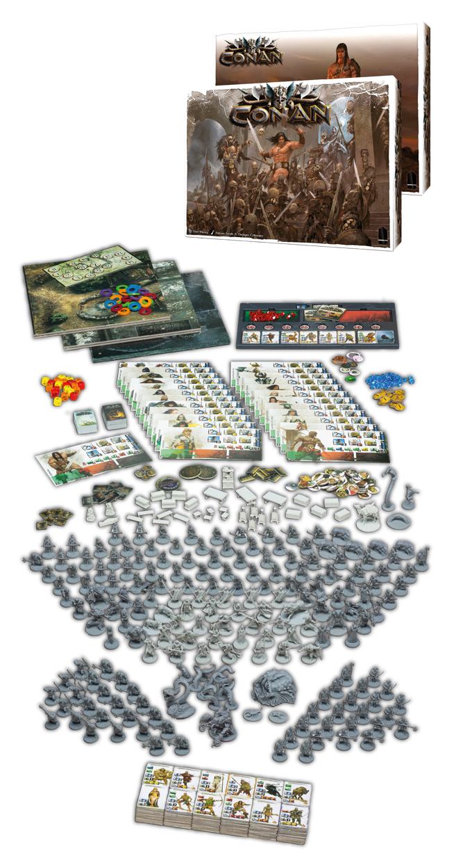 Official Conan King Pledge component spread showing two boxes, boards, cards, energy gems and unpainted miniatures.