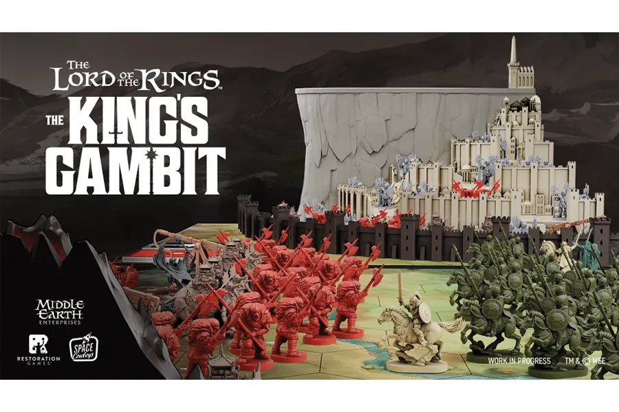 Official work-in-progress King's Gambit artwork showing miniature armies and three-dimensional Minas Tirith.