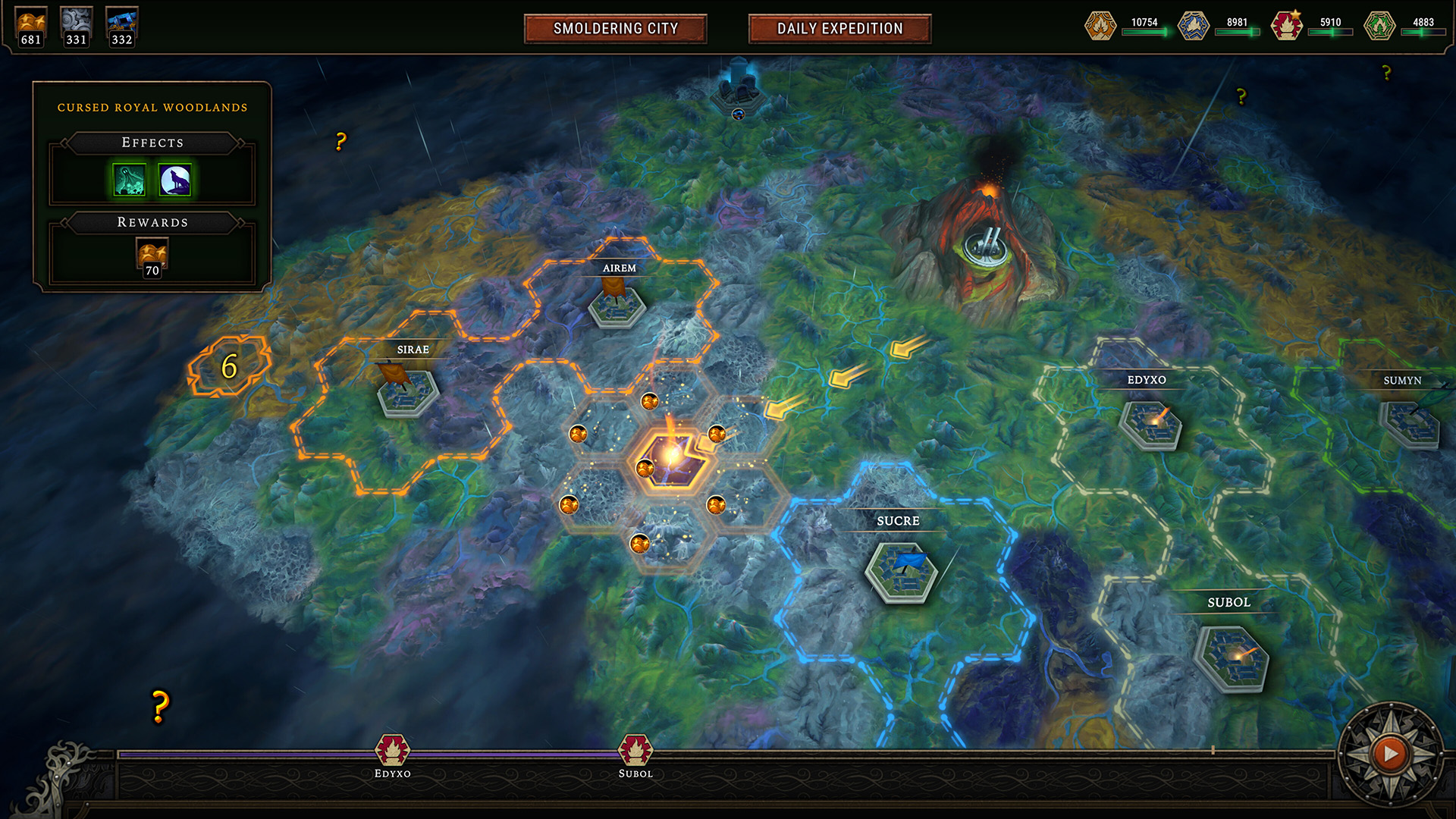Official screenshot of the original Against the Storm video game showing its world map and selectable settlements.