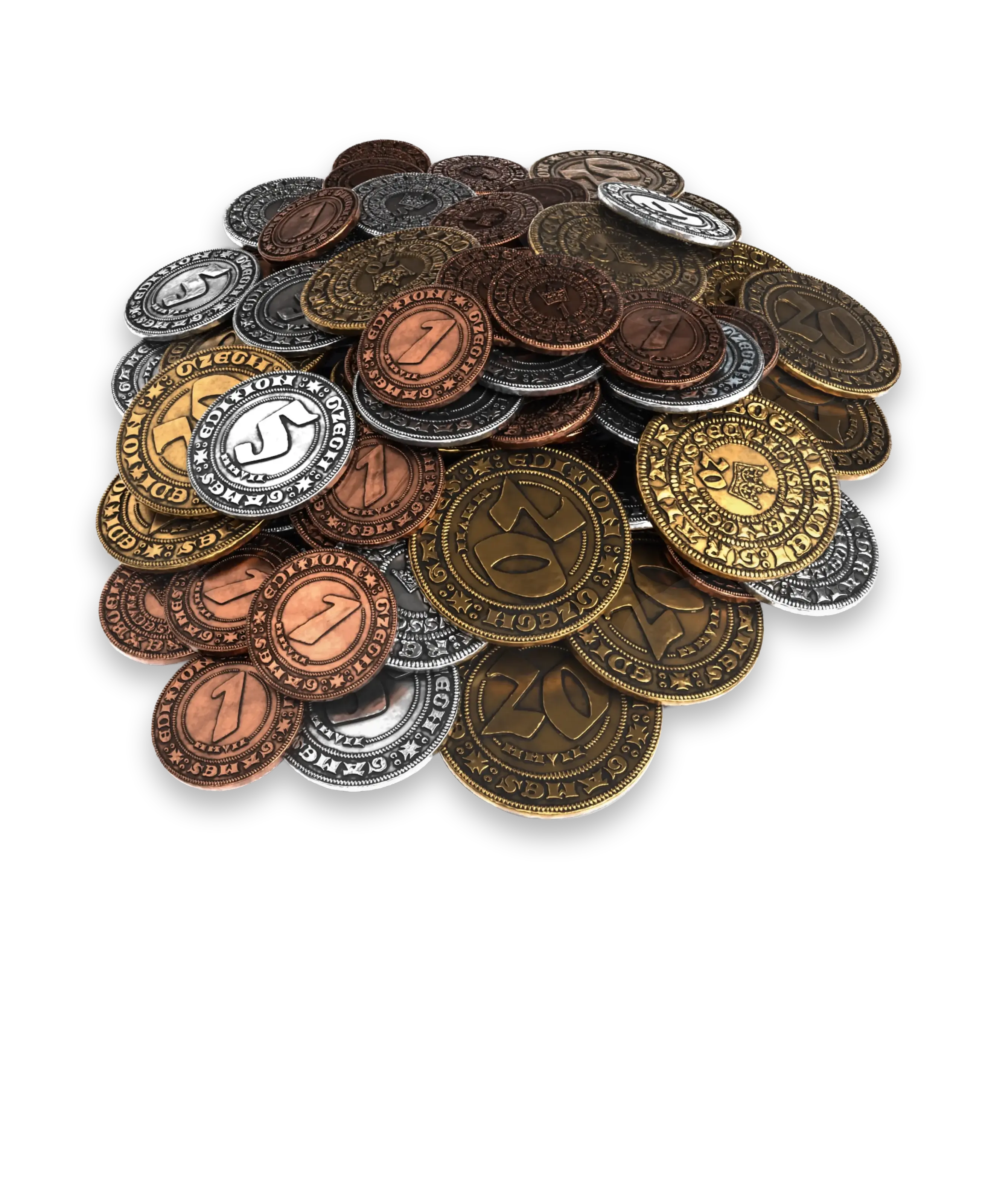 Official CGE render of the optional Kingdom Come: Deliverance - The Board Game metal coins add-on.