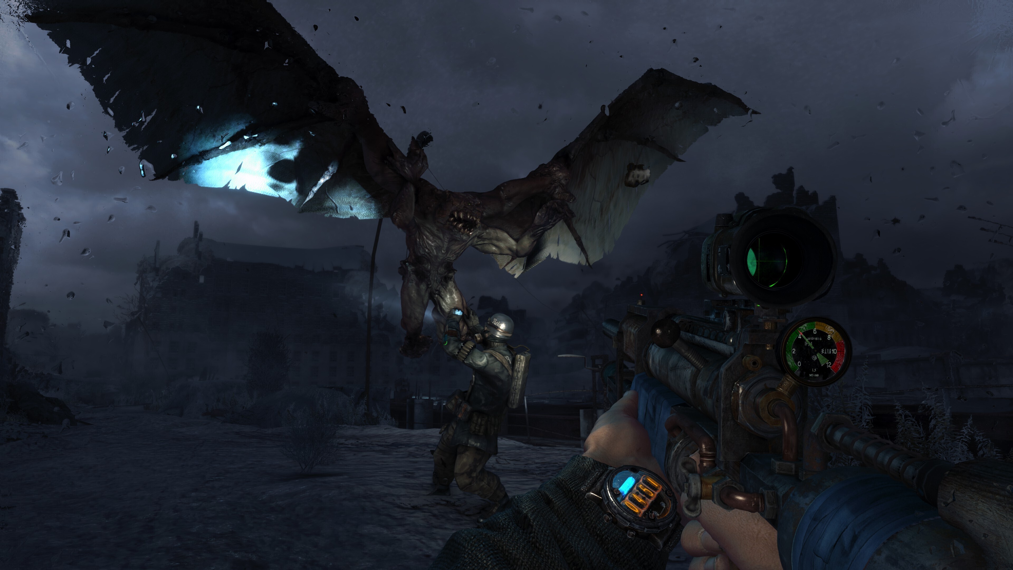 A winged mutant grabs a soldier in Metro 2033 Redux, with a scoped rifle in the foreground.