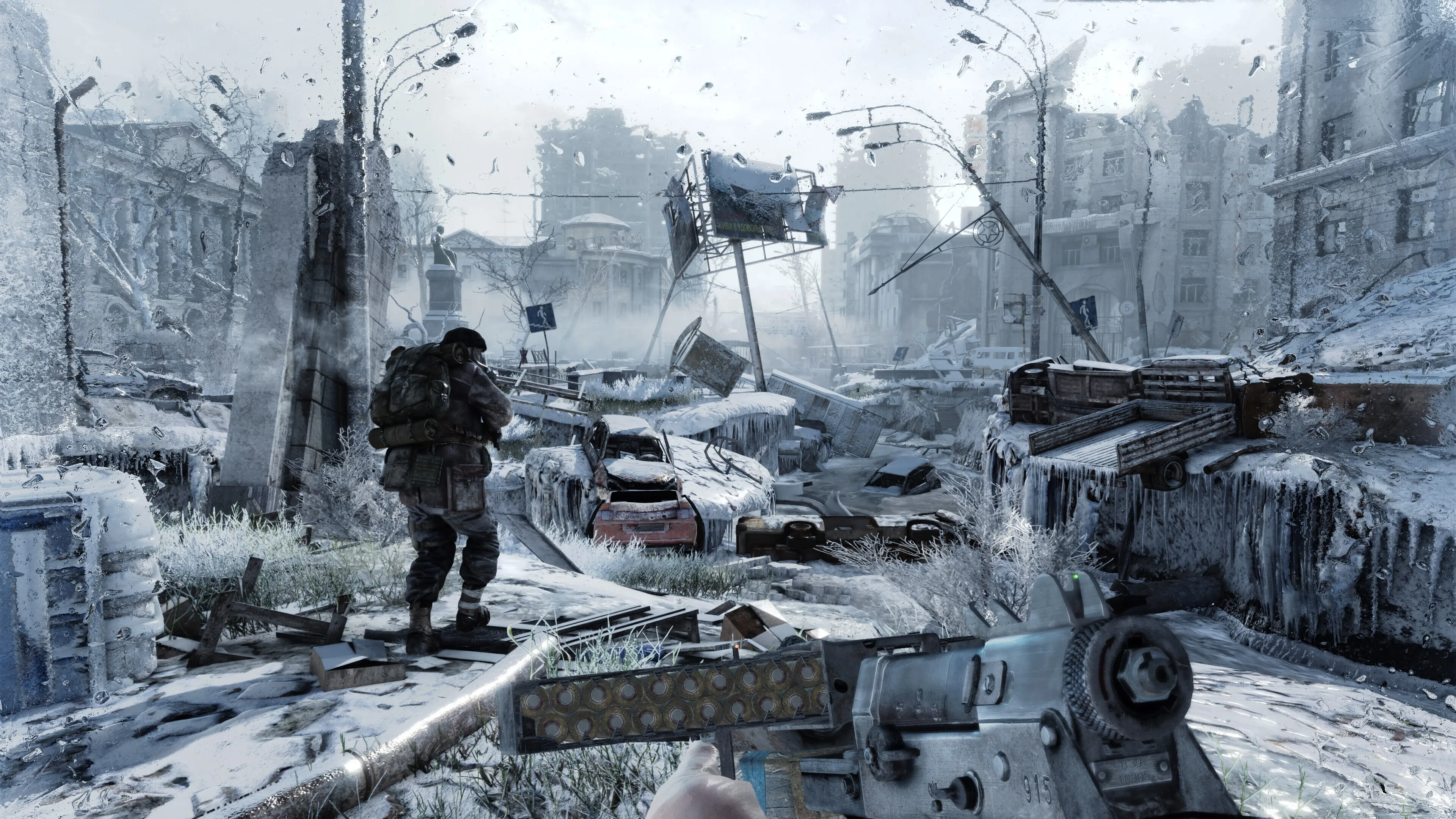 A companion stands on a snowy ruined street in Metro 2033 Redux, with a firearm in the foreground.