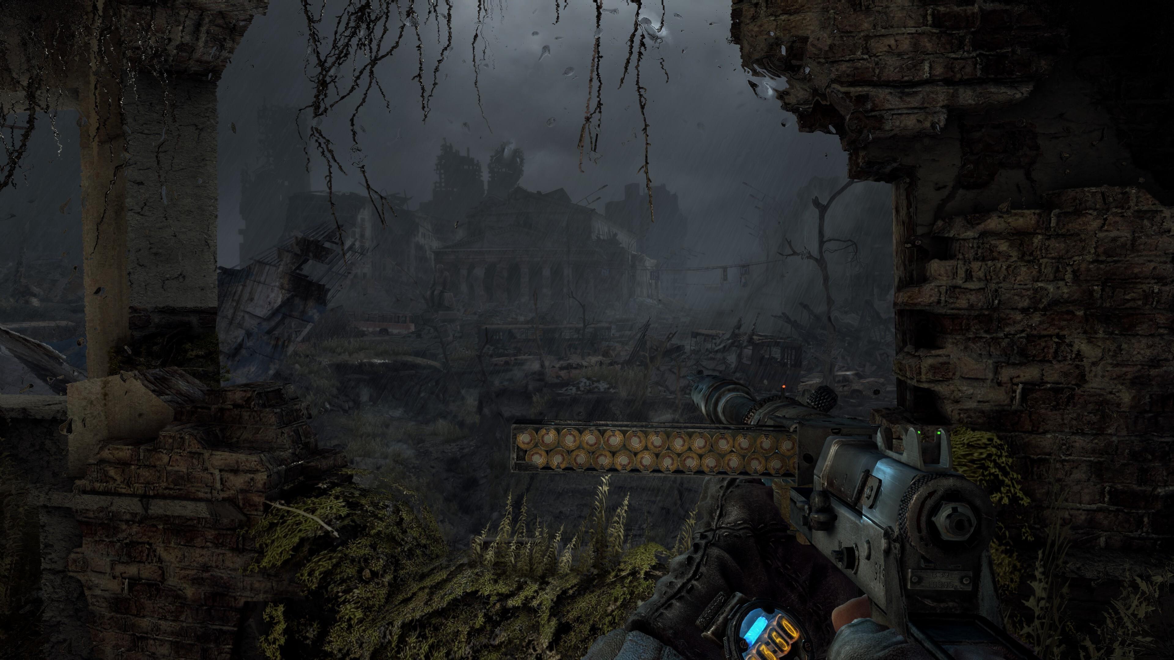 A first-person firearm points through a ruined opening toward damaged buildings in Metro Last Light Redux.