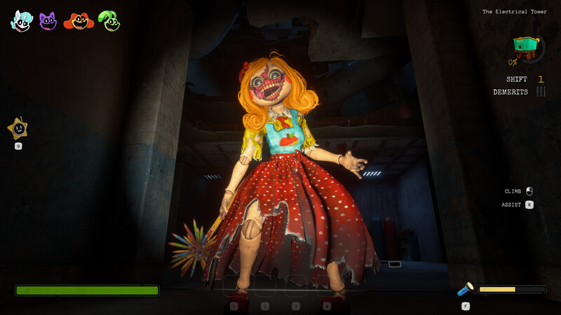 Miss Delight faces the player in a factory corridor, with gameplay HUD visible.