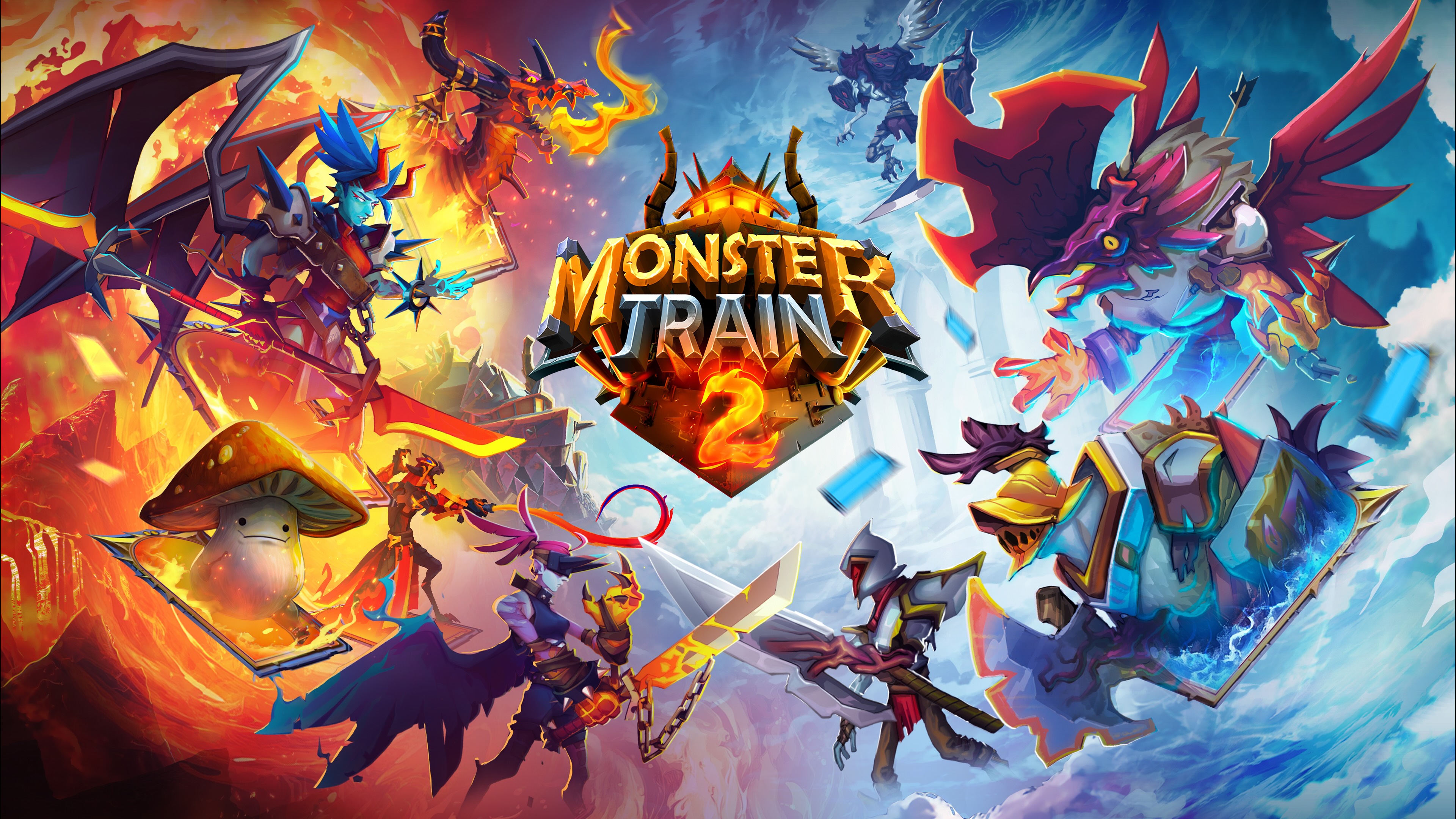 Illustrated fantasy characters surrounding the Monster Train 2 logo against fire and ice.