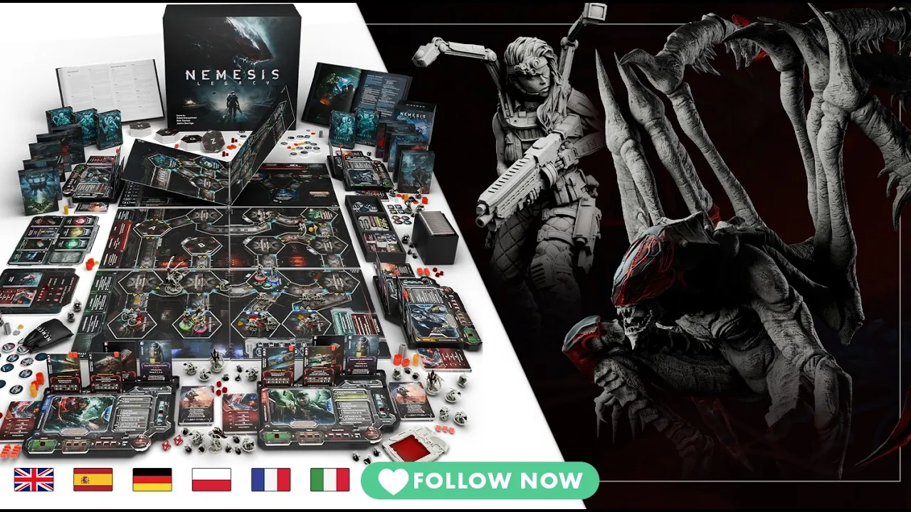 Official Nemesis Legacy promotional montage with the game board, components and large alien miniatures.